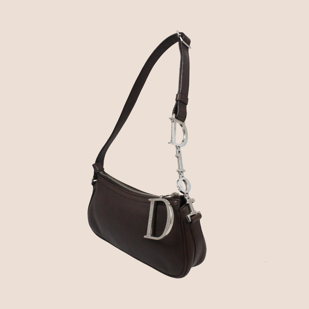 CHRISTIAN DIOR 2000 LOGO CHAIN BROWN LEATHER MINI SHOULDER BAG