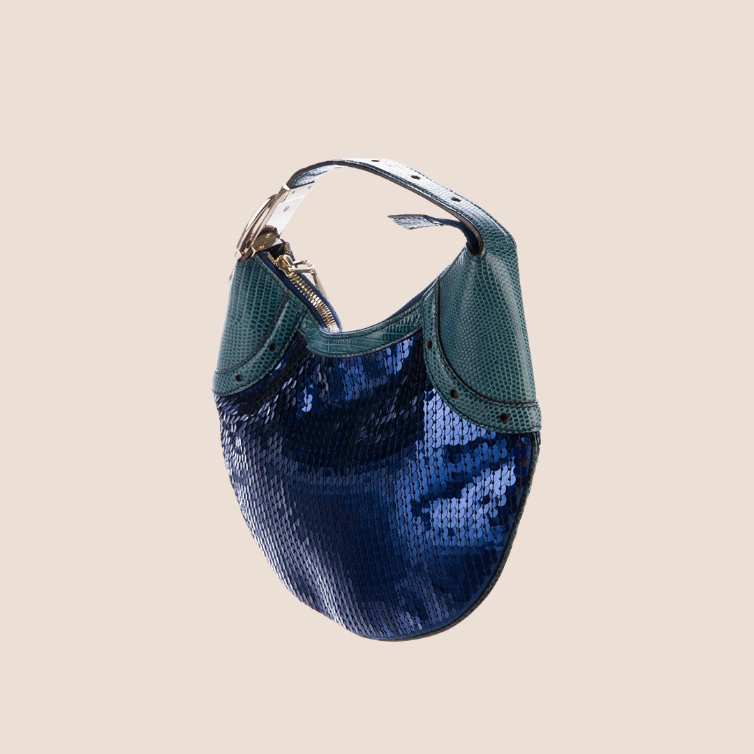 GUCCI 2000 NAVY SEQUIN & LIZARD HOBO BAG