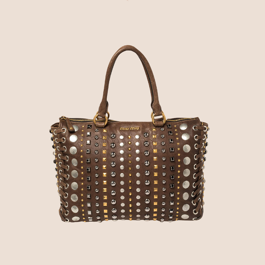 MIU MIU BROWN LEATHER STUDDED TOTE BAG