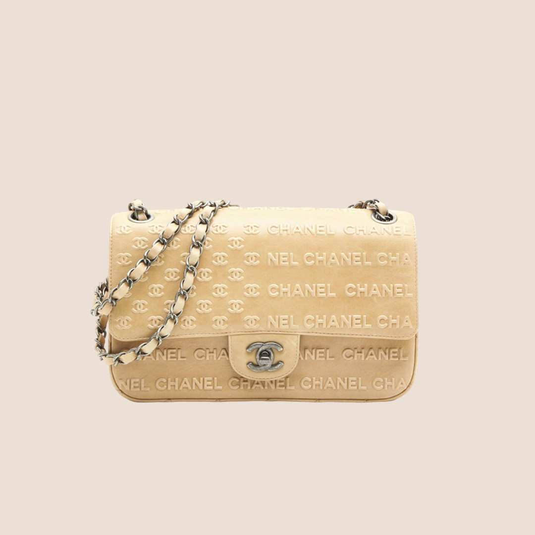 CHANE BEIGE LAMBSKIN EMBOSSED PARIS-DALLAS FLAP BAG