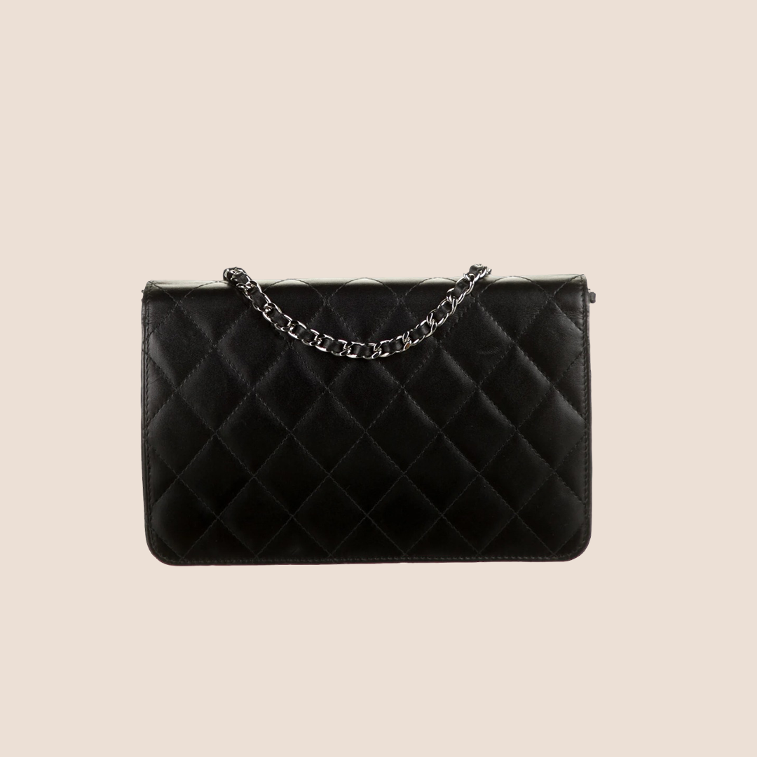 CHANEL 2005 CC LOGO BLACK CAMBON WALLET ON CHAIN
