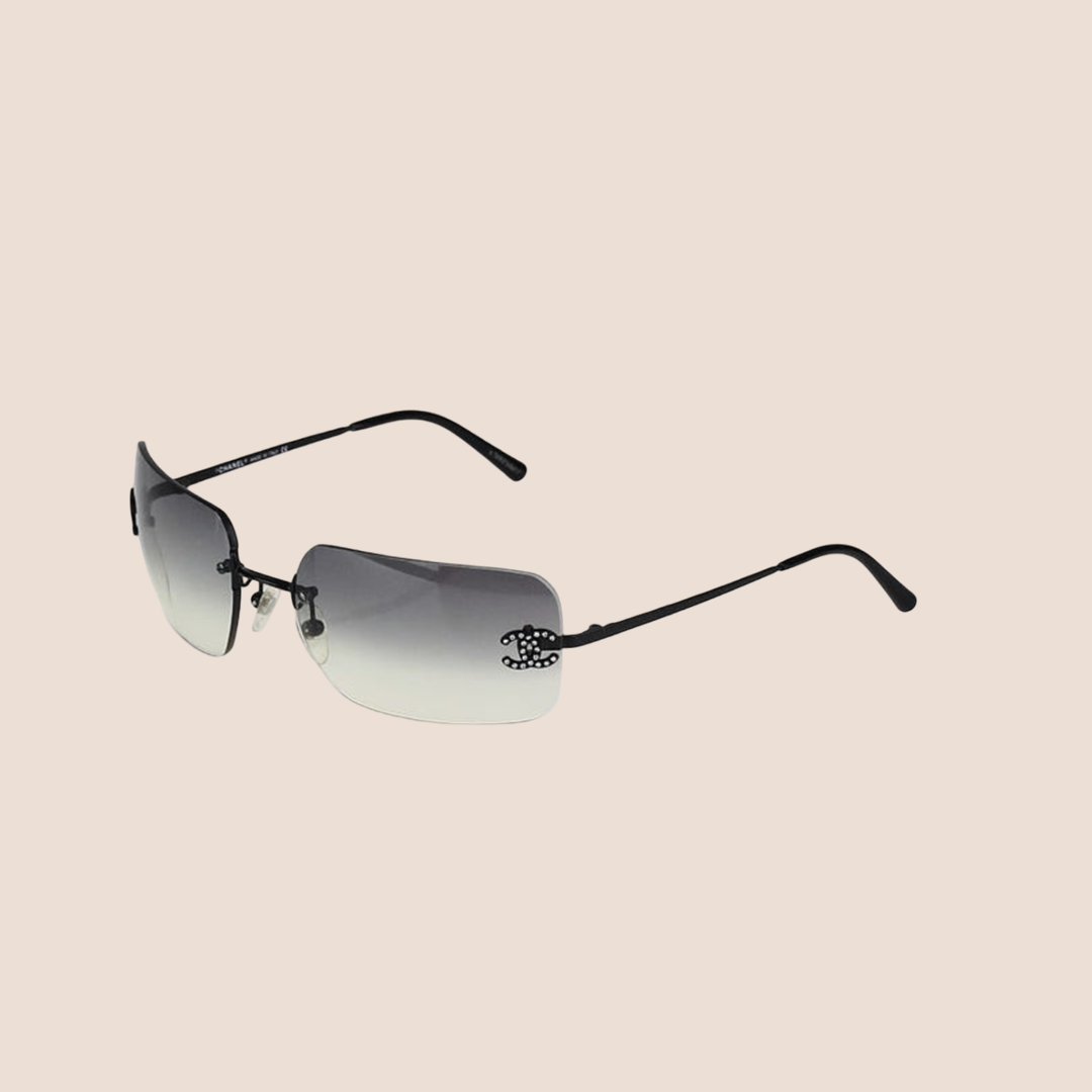 CHANEL 90s CC RHINESTONE GRADIENT GREY RIMLESS SUNGLASSES
