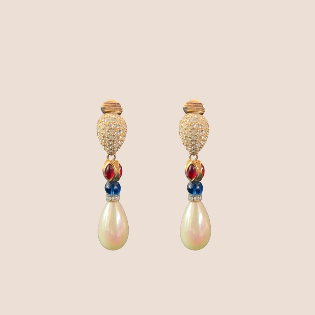 CHRISTIAN DIOR 1980 CRYSTAL DANGLING PEARL EARRINGS