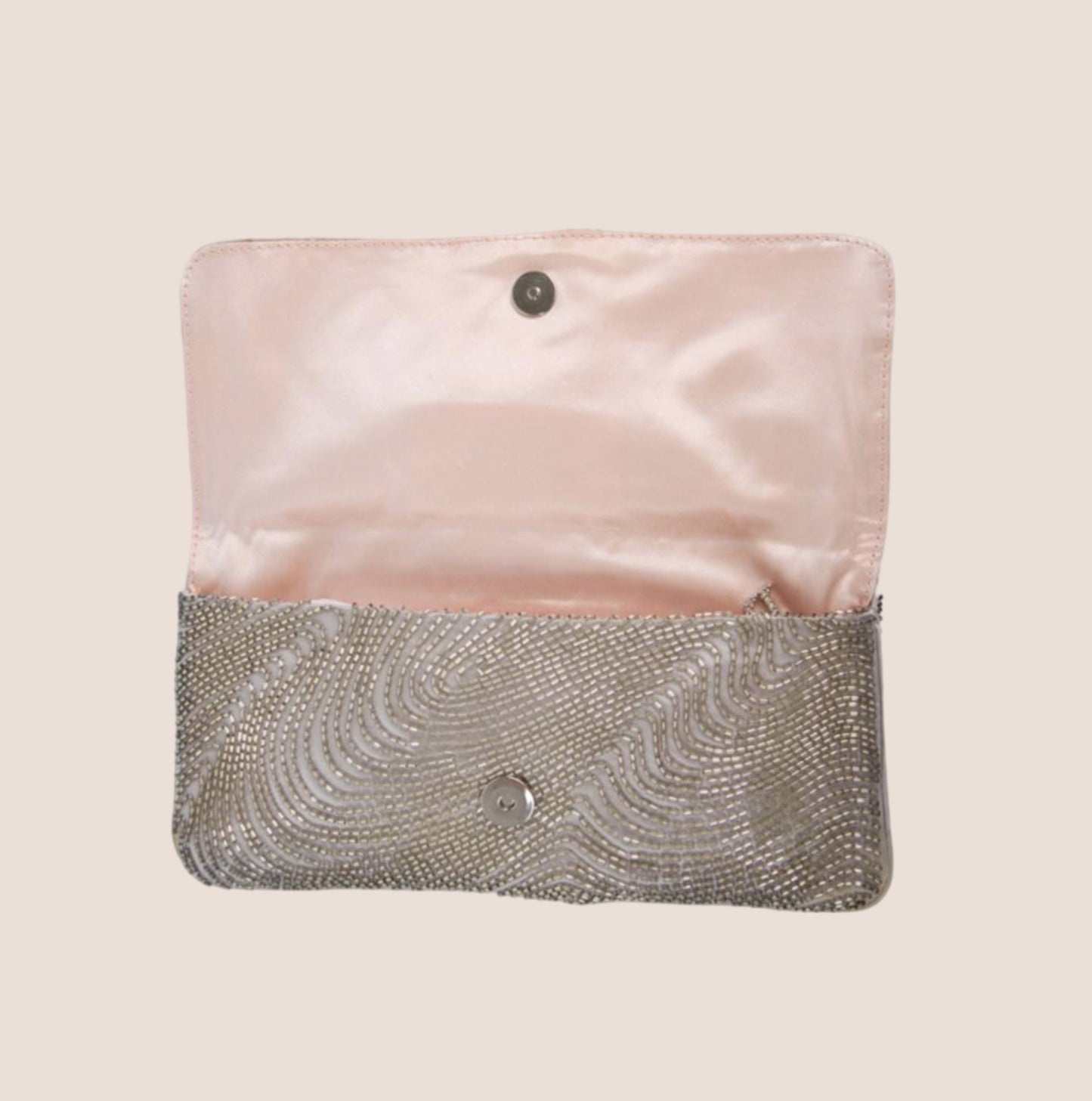 CHRISTIAN DIOR BEADED SILVER SATIN LOGO CLUTCH