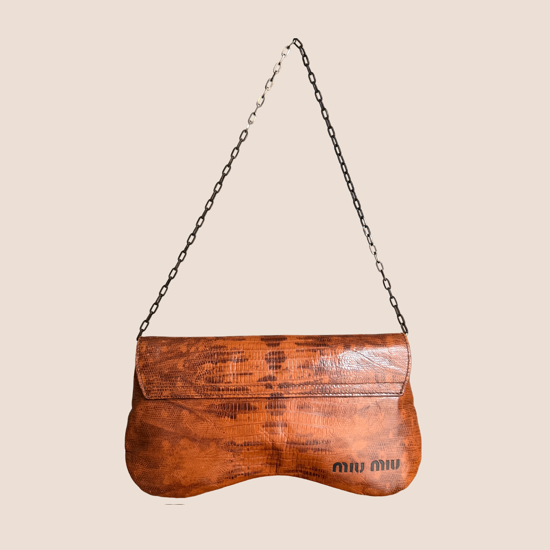 MIU MIU 2000 BROWN LIZARD BOW CHAIN SHOULDER BAG