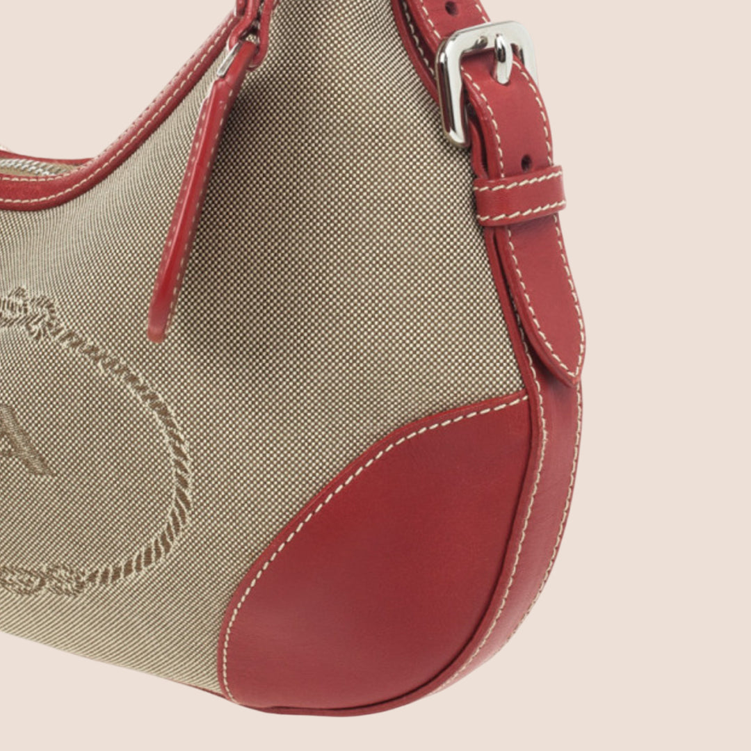 PRADA JACQUARD LOGO RED LEATHER TRIM SHOULDER BAG