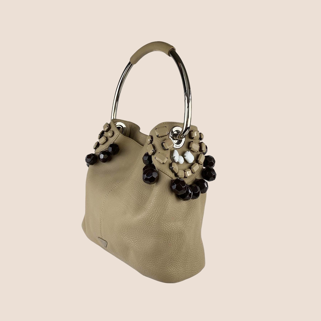 PRADA 2003 OVERSIZED BEADED BEIGE LEATHER HOOP BAG