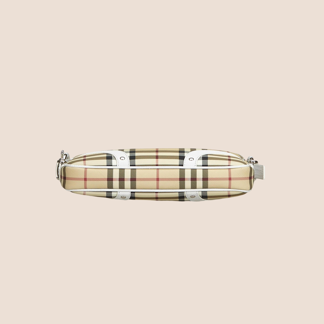 BURBERRY 90s LEATHER-TRIMMED NOVA CHECK MINI BAGUETTE BAG