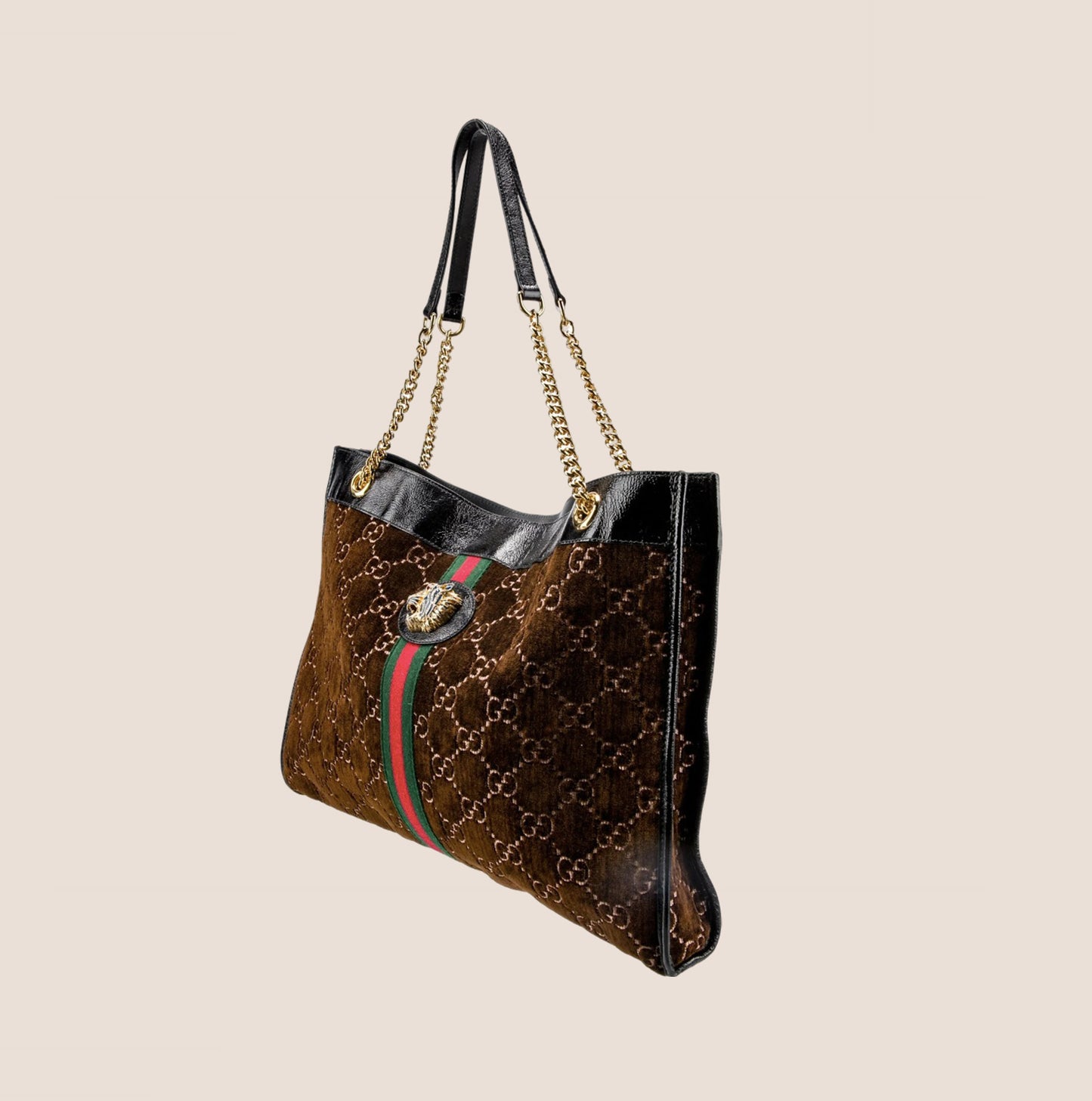 GUCCI BROWN VELVET WEB RAJAH TOTE BAG
