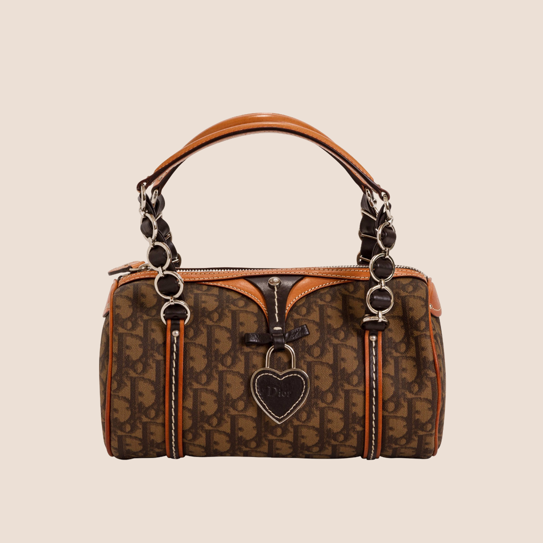 CHRISTIAN DIOR BROWN ROMANTIQUE TROTTER MINI BARREL BAG