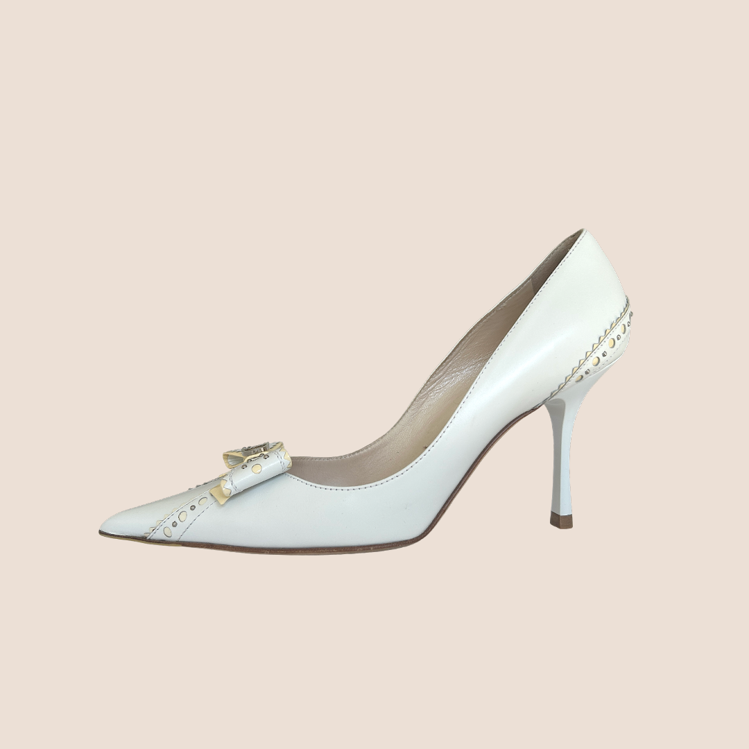 CHRISTIAN DIOR WHITE BOW LEATHER PUMPS