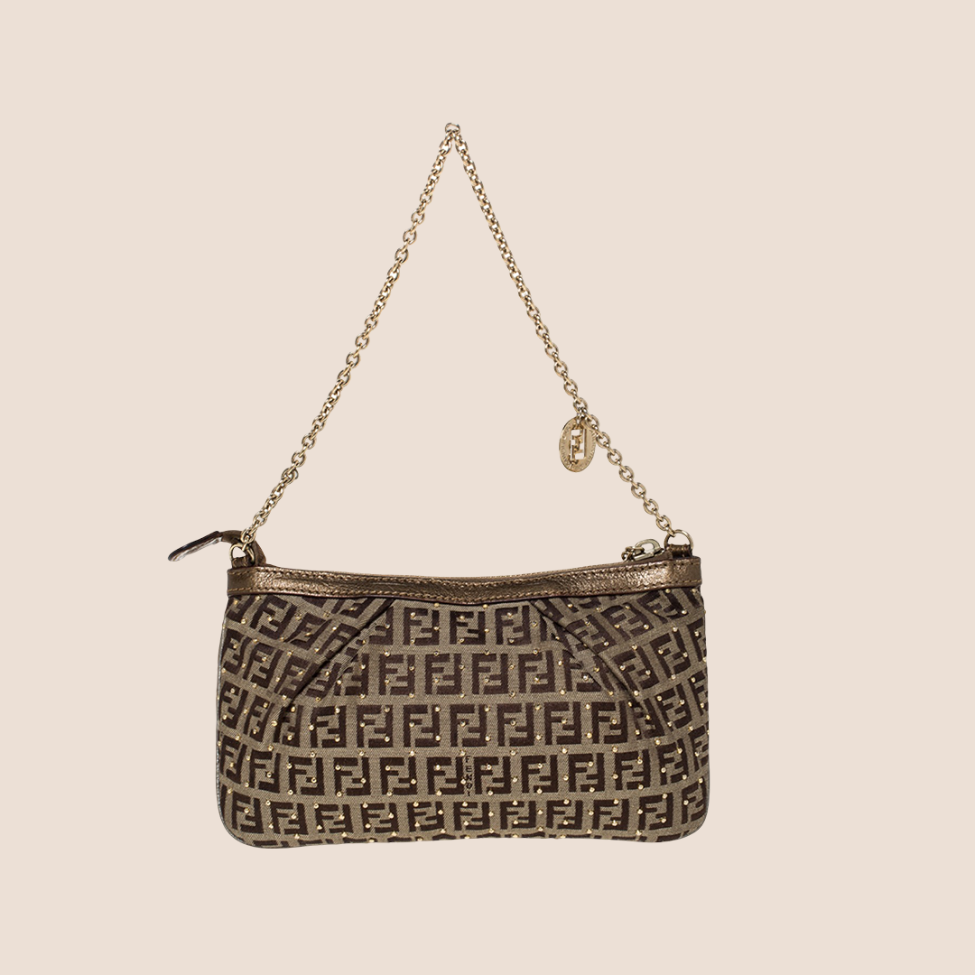 FENDI BROWN ZUCCHINO STUDDED CHAIN POCHETTE