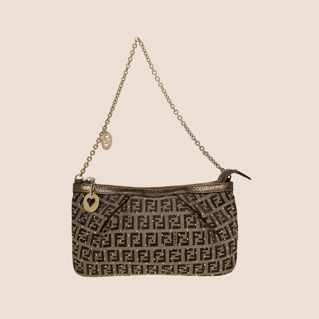FENDI BROWN ZUCCHINO STUDDED CHAIN POCHETTE