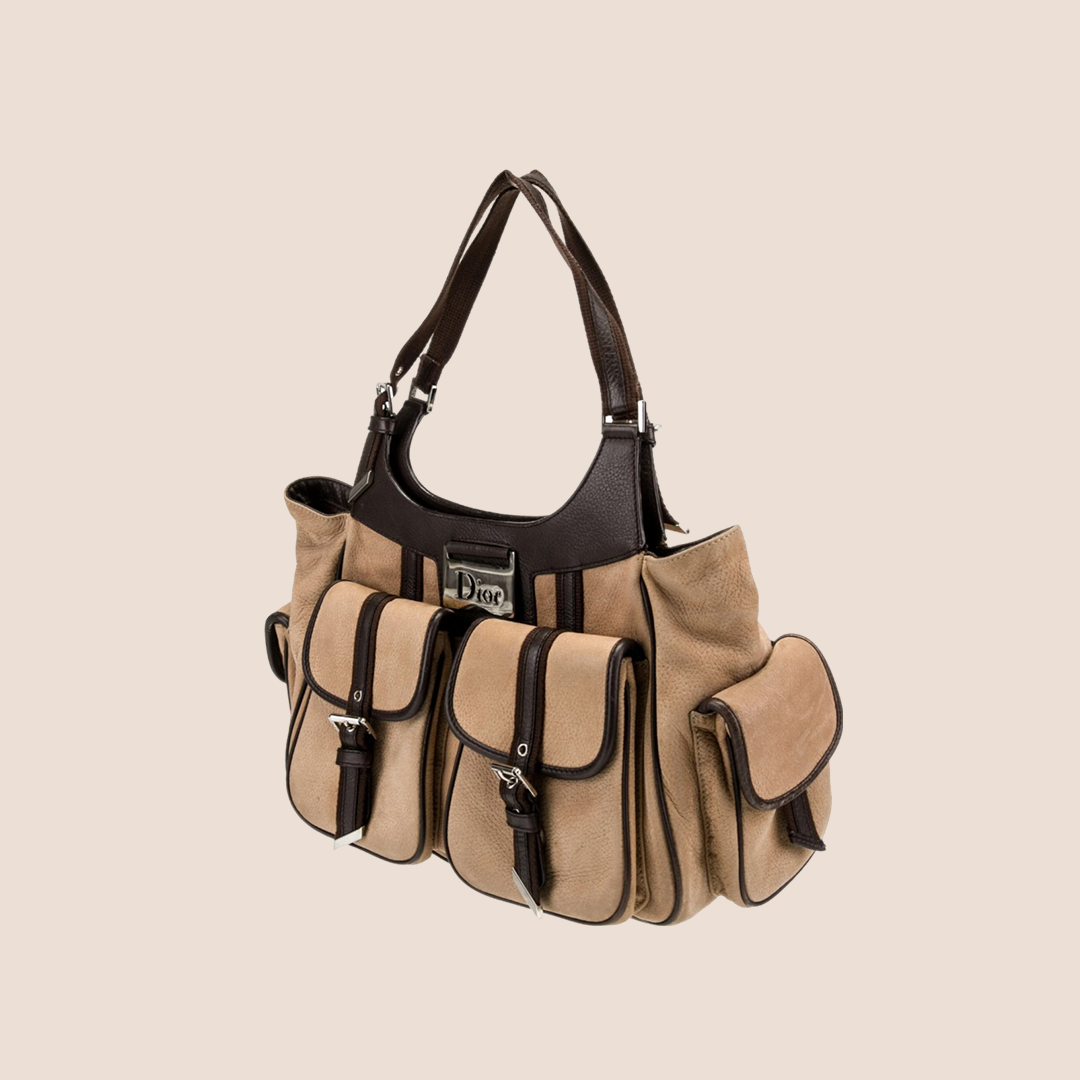 CHRISTIAN DIOR 2005 BROWN SUEDE STREET CHIC MULTIPOCKET SHOULDER BAG