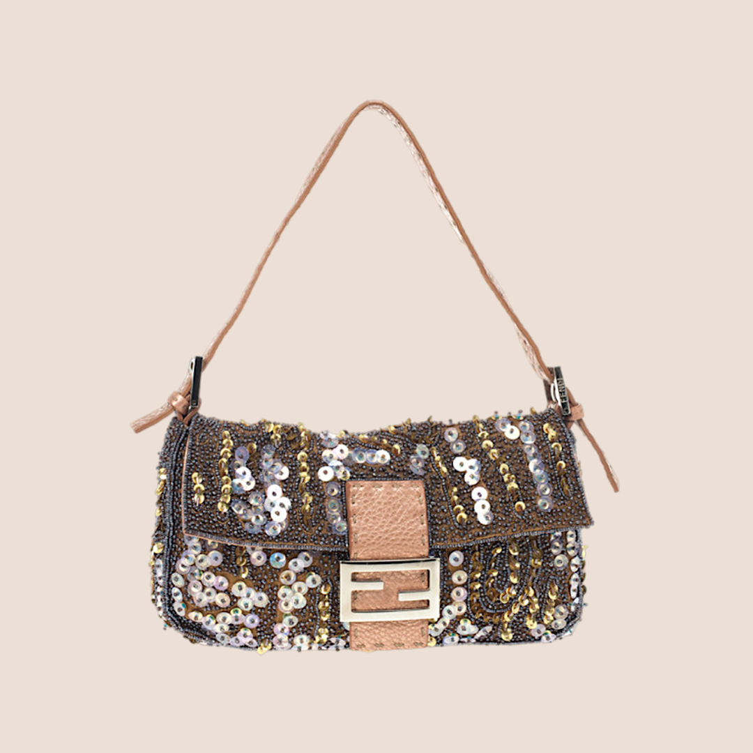 FENDI 2000 BROWN & ROSE PEBBLED SEQUIN BAGUETTE BAG
