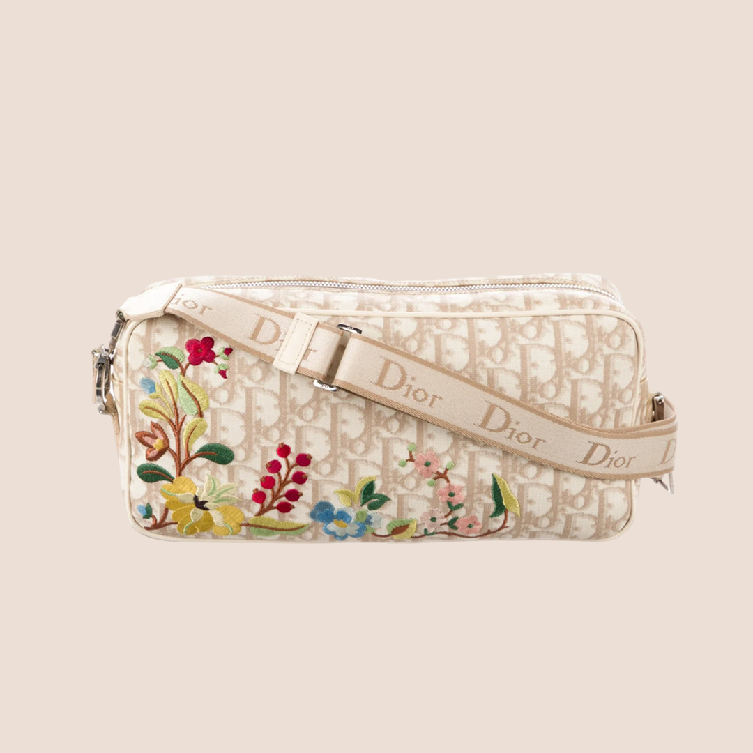 CHRISTIAN DIOR 2004 DIORISSIMO BEIGE FLORAL EMBROIDERED CROSSBODY
