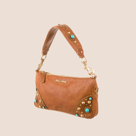 MIU MIU TAN LEATHER STUDDED SHOULDER BAG