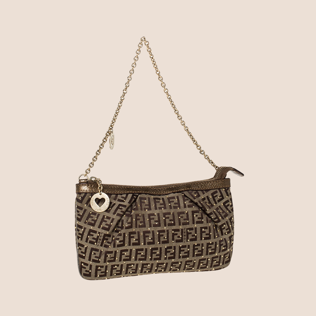 FENDI BROWN ZUCCHINO STUDDED CHAIN POCHETTE