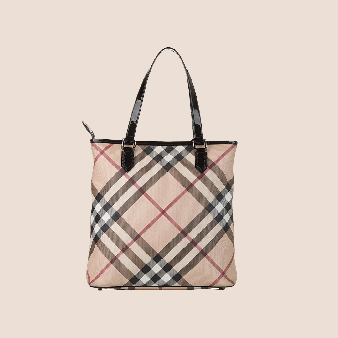 BURBERRY NOVA CHECK BLACK PATENT LEATHER TRIM TOTE BAG