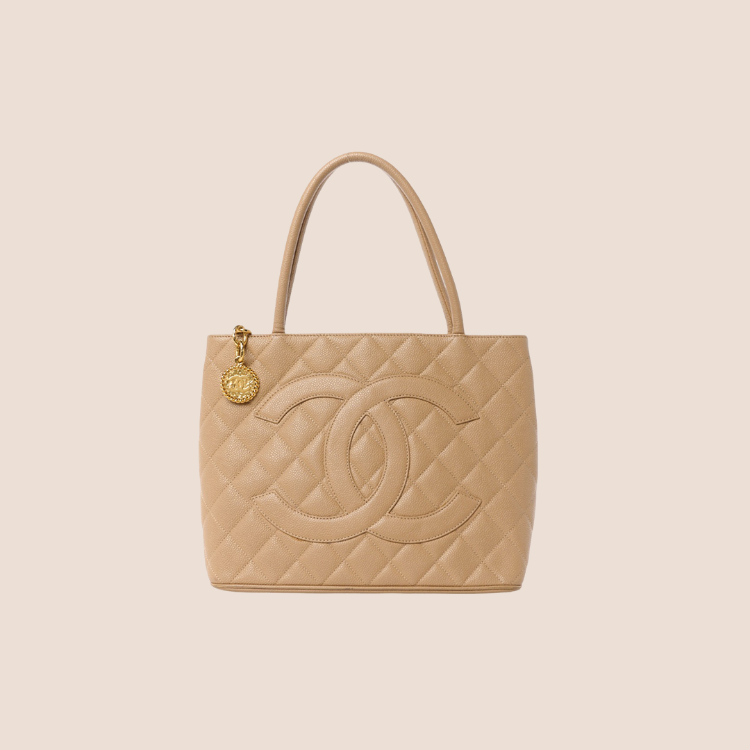CHANEL BEIGE CAVIAR QUILTED MEDALLION TOTE BAG