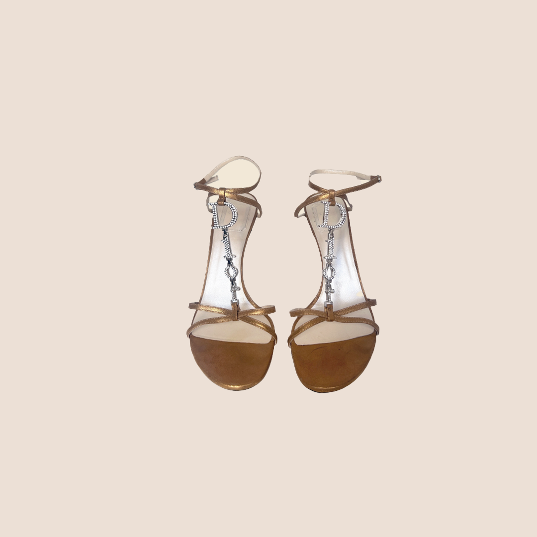 CHRISTIAN DIOR GOLD SWAROWSKI CHAIN STRAP SANDALS