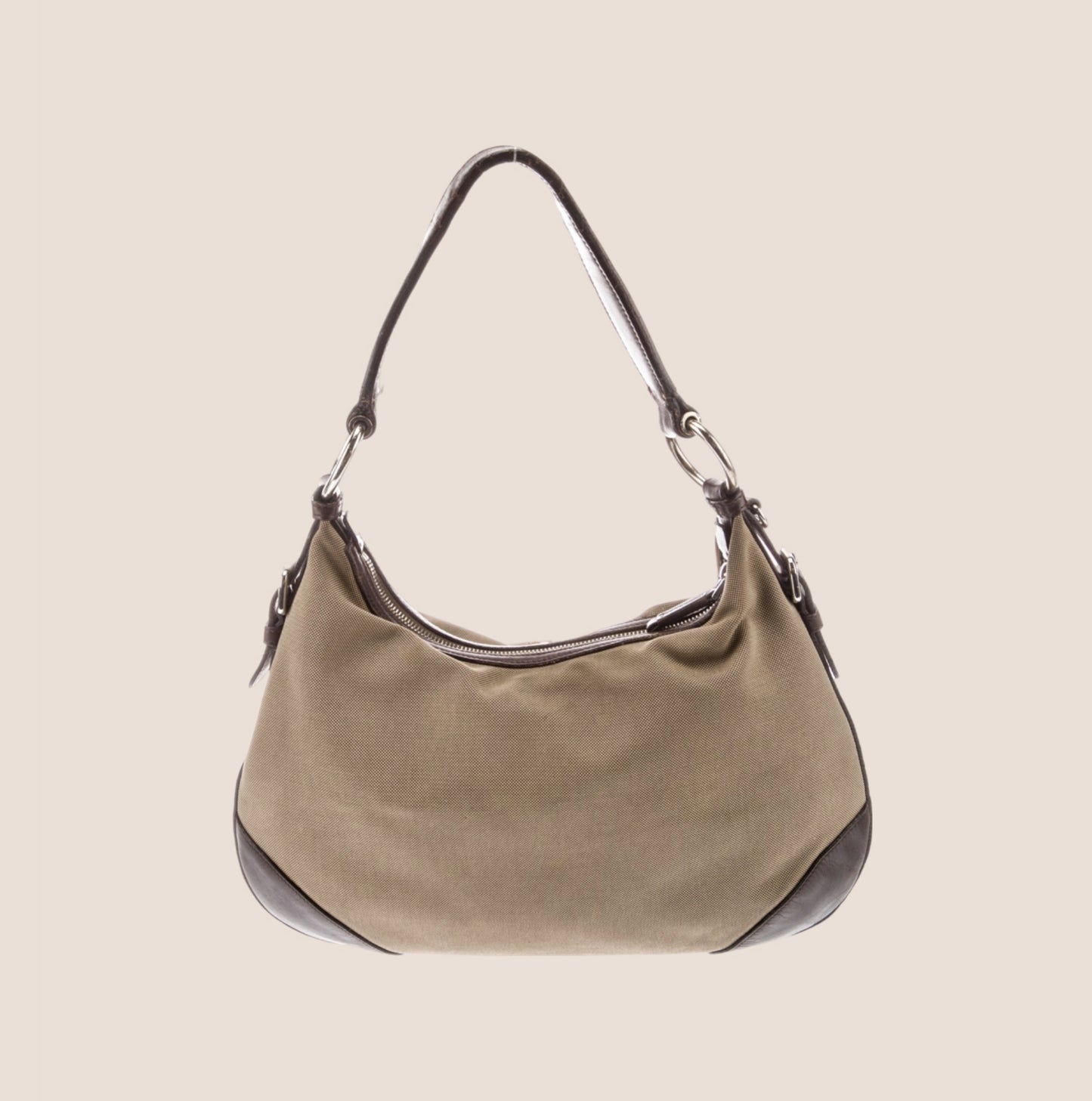 PRADA BEIGE & BROWN JACQUARD LOGO LARGE HOBO BAG