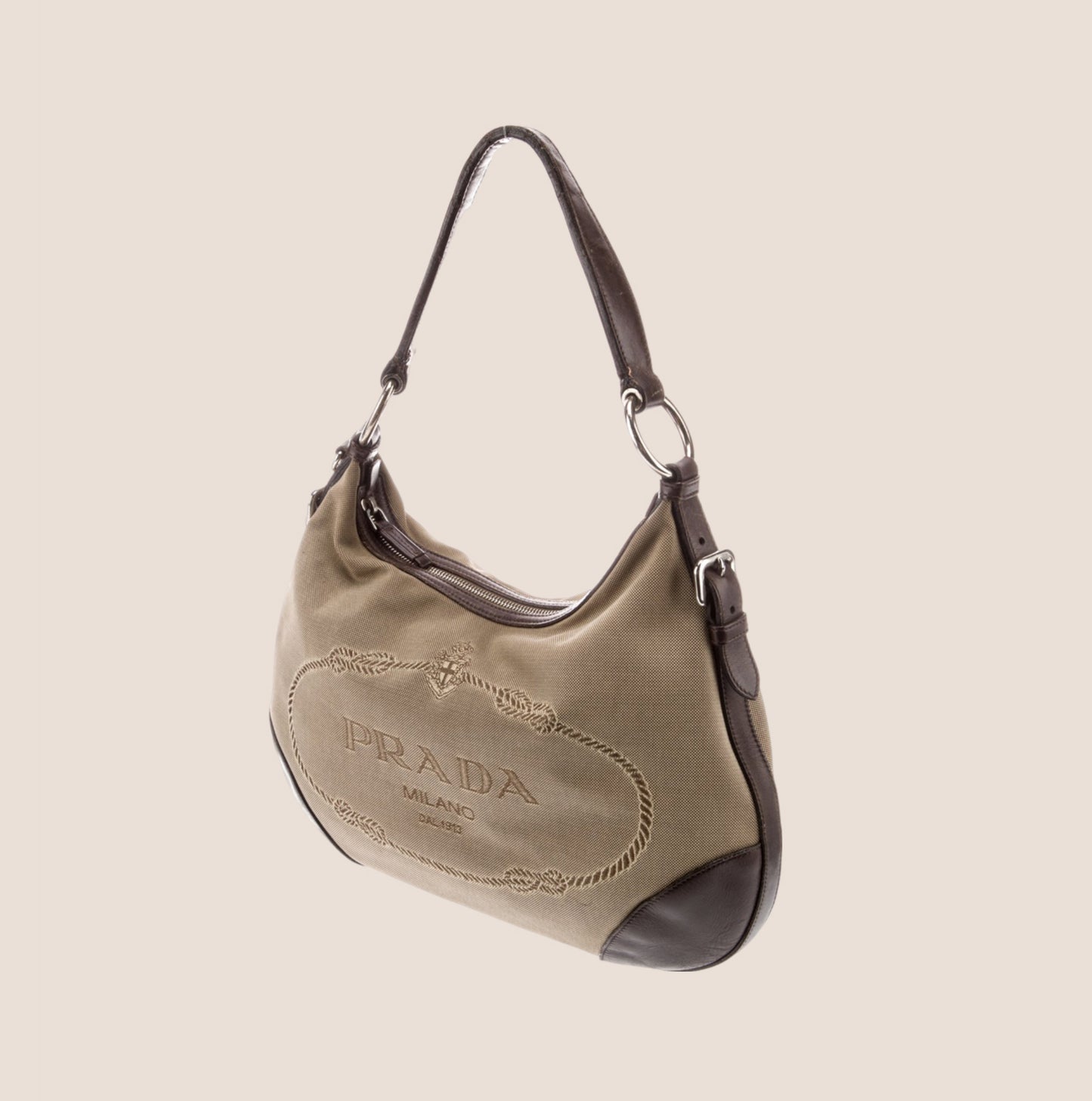 PRADA BEIGE & BROWN JACQUARD LOGO LARGE HOBO BAG