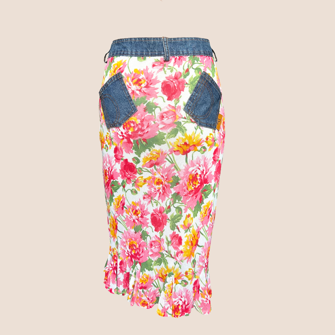 CHRISTIAN DIOR 2005 FLORAL DENIM MIDI SKIRT