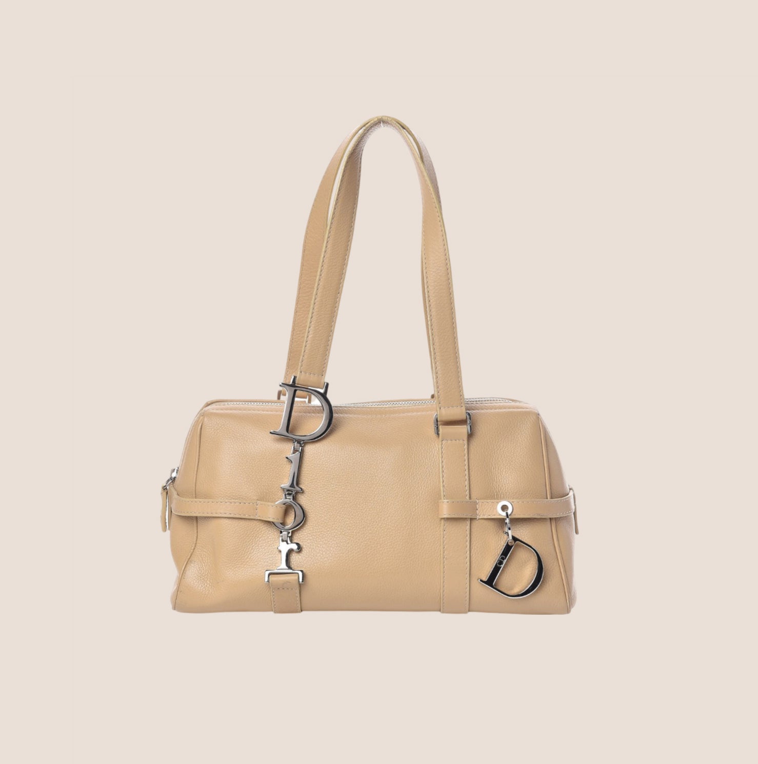 CHRISTIAN DIOR BEIGE LEATHER LOGO SPELL OUT CHARM BOSTON BAG – RDB