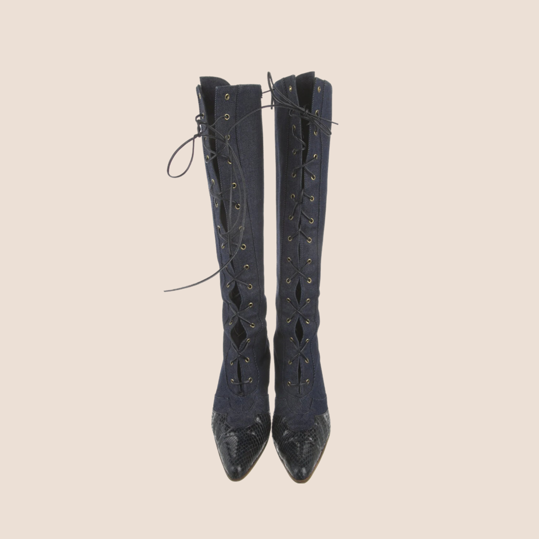 CHRISTIAN DIOR 2000 BLUE DENIM LACE UP BOOTS