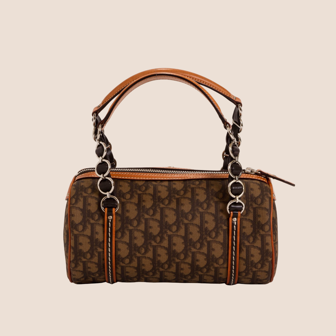 CHRISTIAN DIOR BROWN ROMANTIQUE TROTTER MINI BARREL BAG