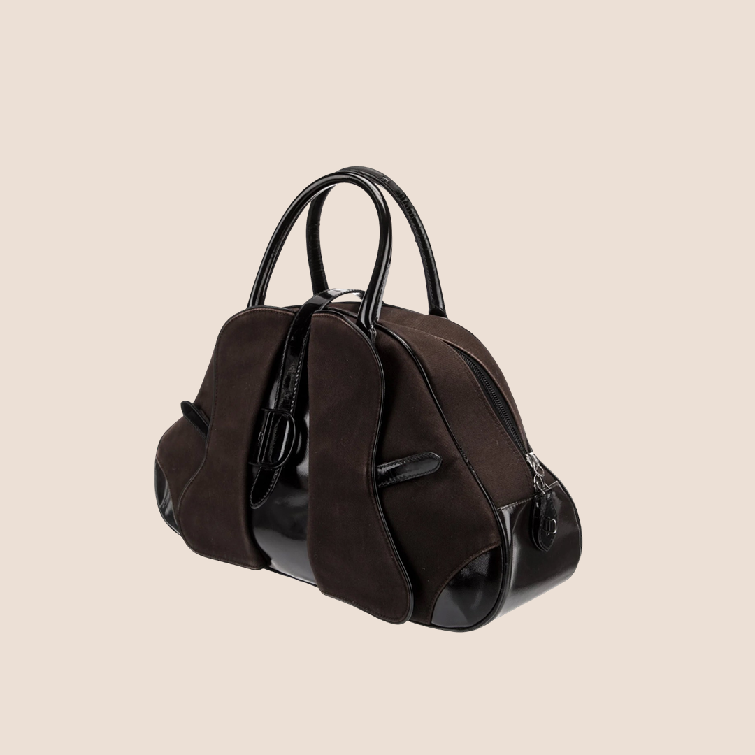 CHRISTIAN DIOR BROWN LEATHER & NYLON DOUBLE SADDLE BAG