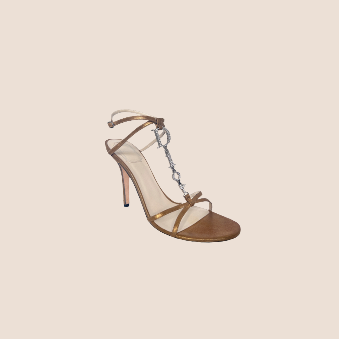 CHRISTIAN DIOR GOLD SWAROWSKI CHAIN STRAP SANDALS