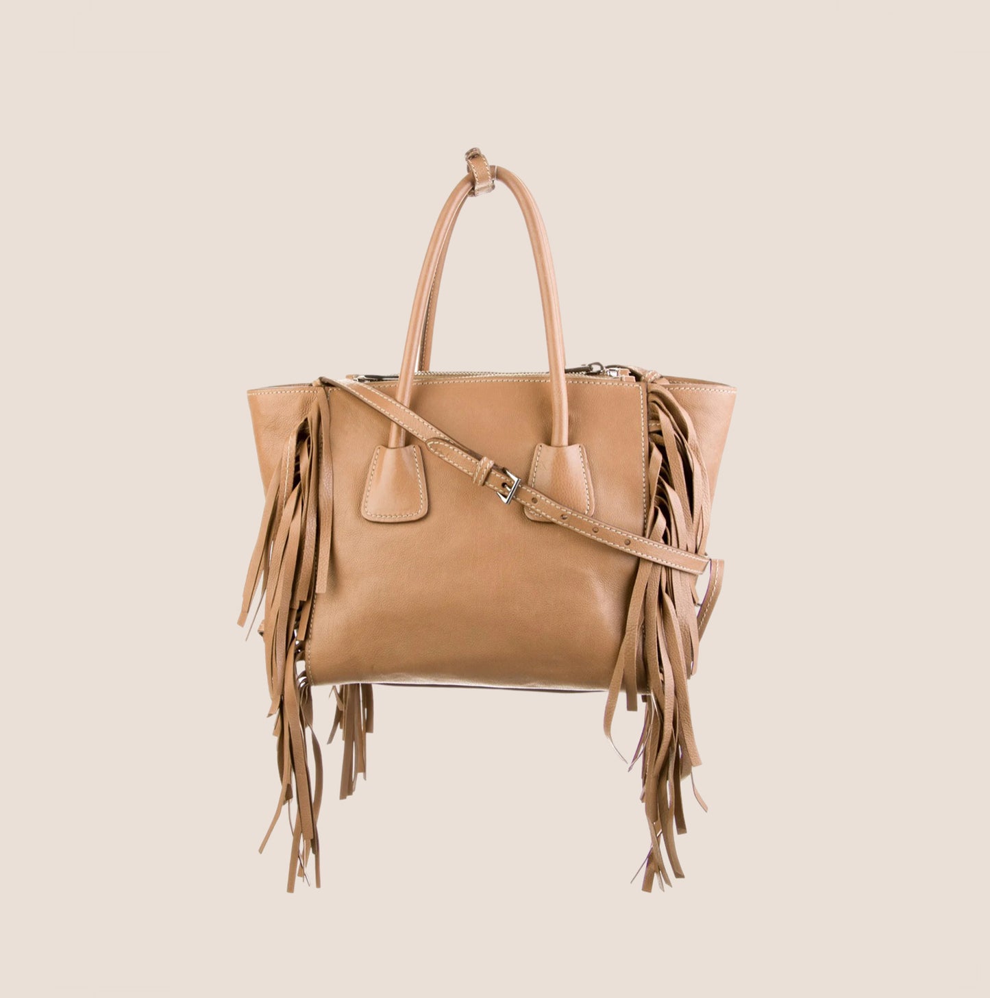PRADA GLACE CALF FRINGE TWIN POCKET TOTE BAG