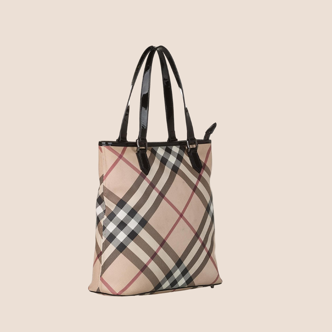 BURBERRY NOVA CHECK BLACK PATENT LEATHER TRIM TOTE BAG