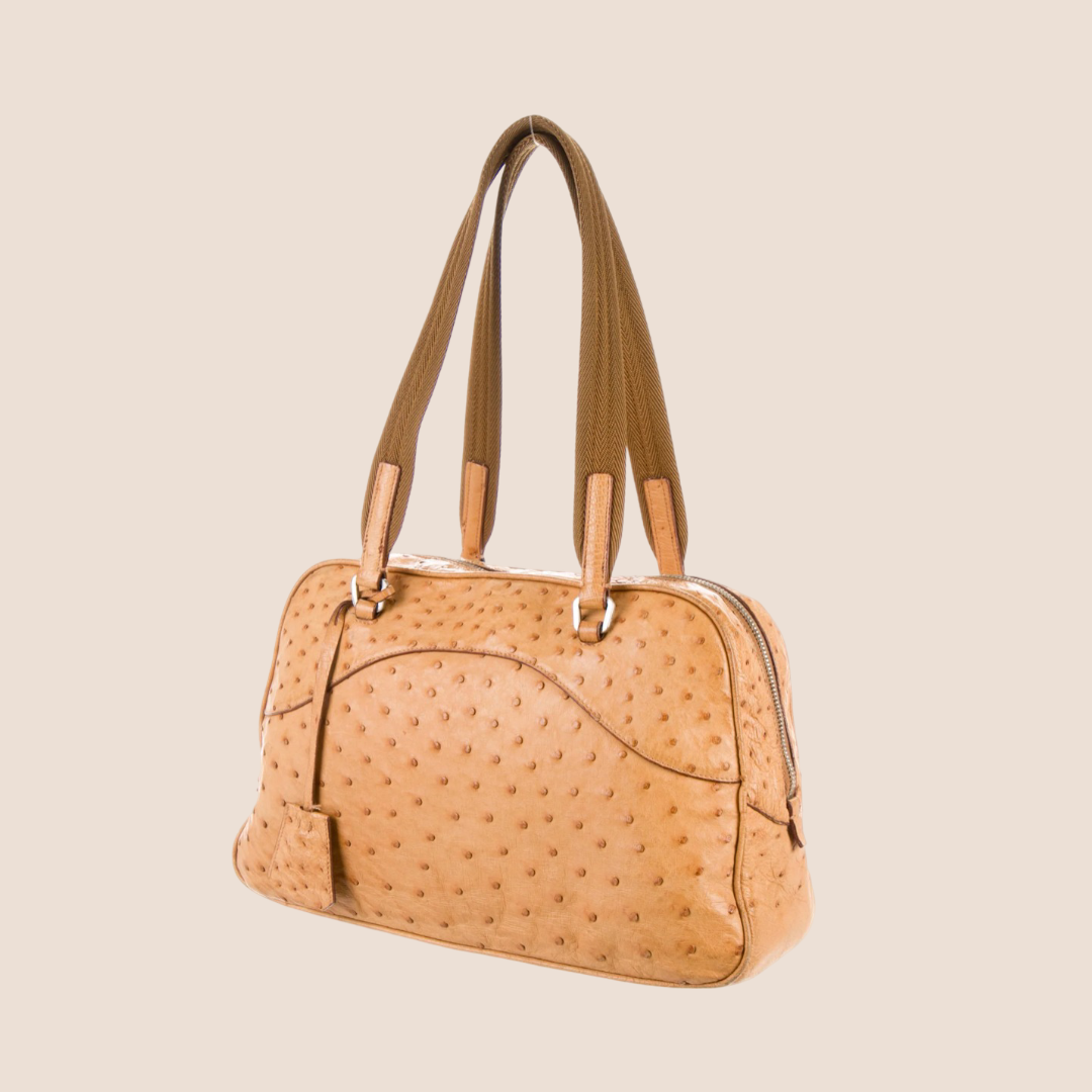 PRADA 2000 CARAMEL BROWN OSTRICH LEATHER BOWLING BAG