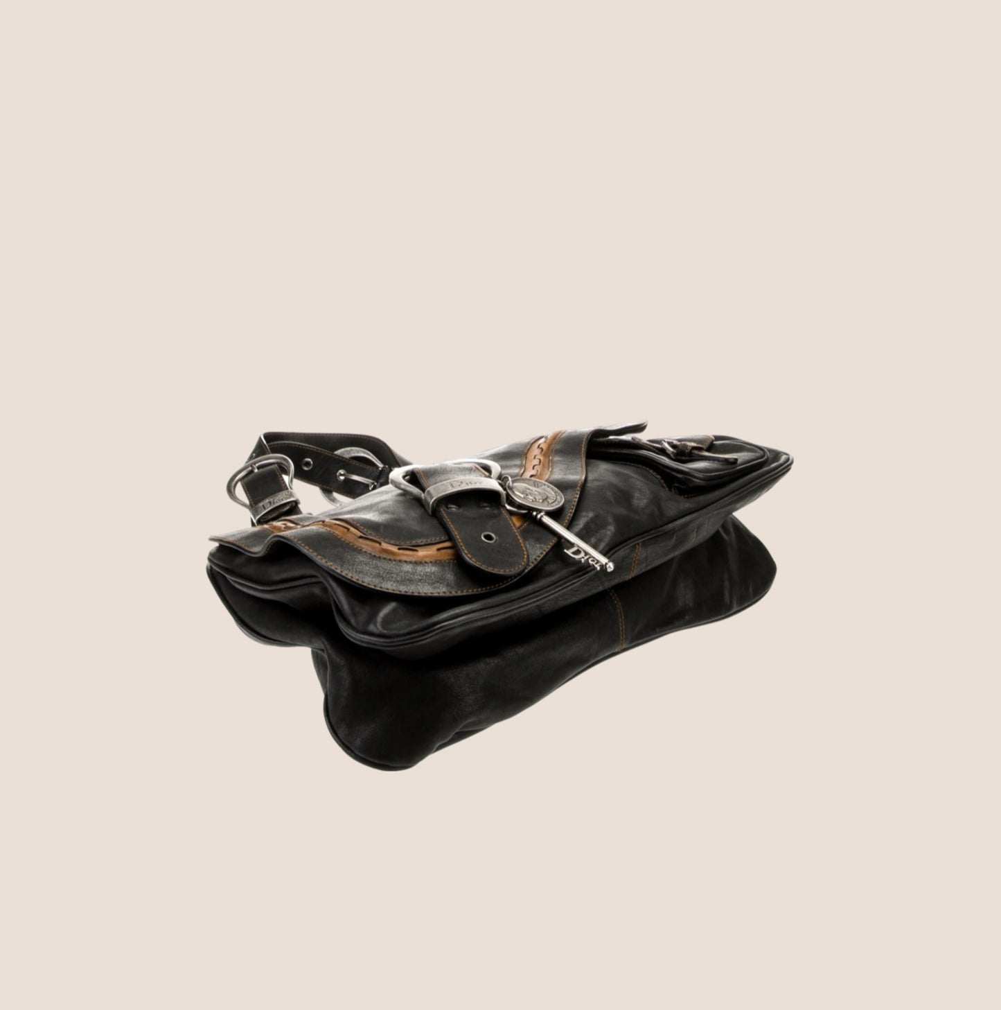 CHRISTIAN DIOR BLACK LEATHER GAUCHO SADDLE HANDBAG