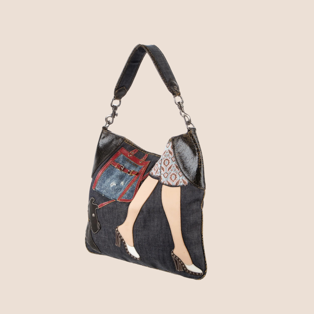 MIU MIU 2000 DENIM PATCHWORK HOBO BAG