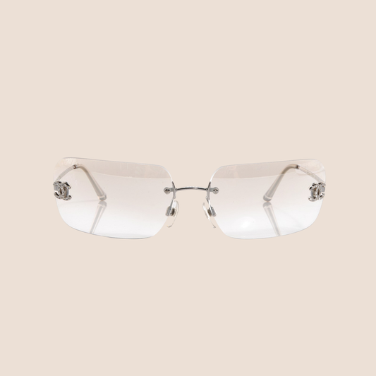 CHANEL 90s CRYSTAL CLEAR CC LOGO RIMLESS SUNGLASSES