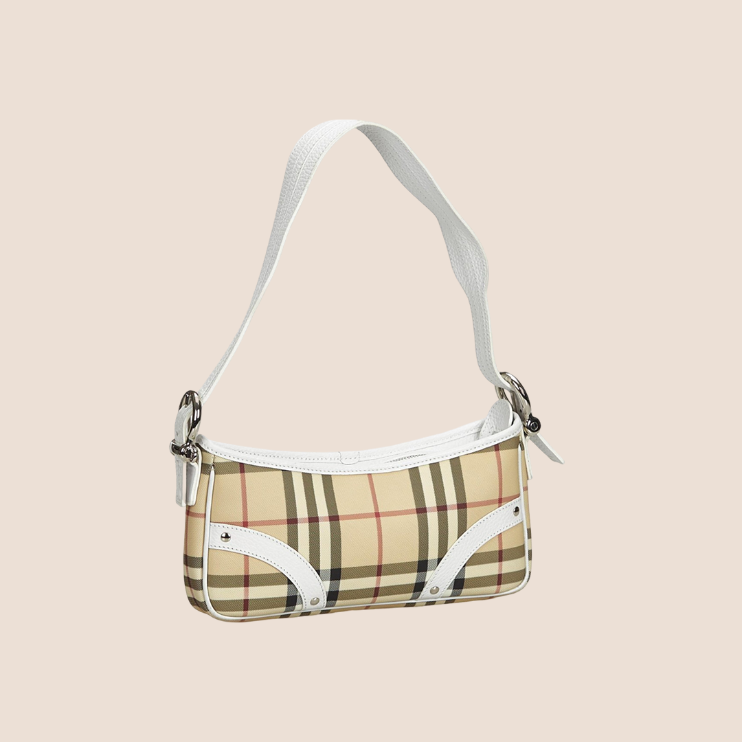 BURBERRY 90s LEATHER-TRIMMED NOVA CHECK MINI BAGUETTE BAG