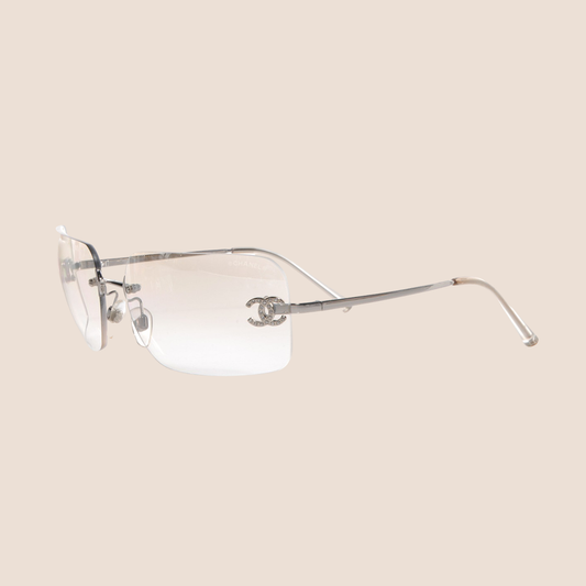 CHANEL 90s CRYSTAL CLEAR CC LOGO RIMLESS SUNGLASSES