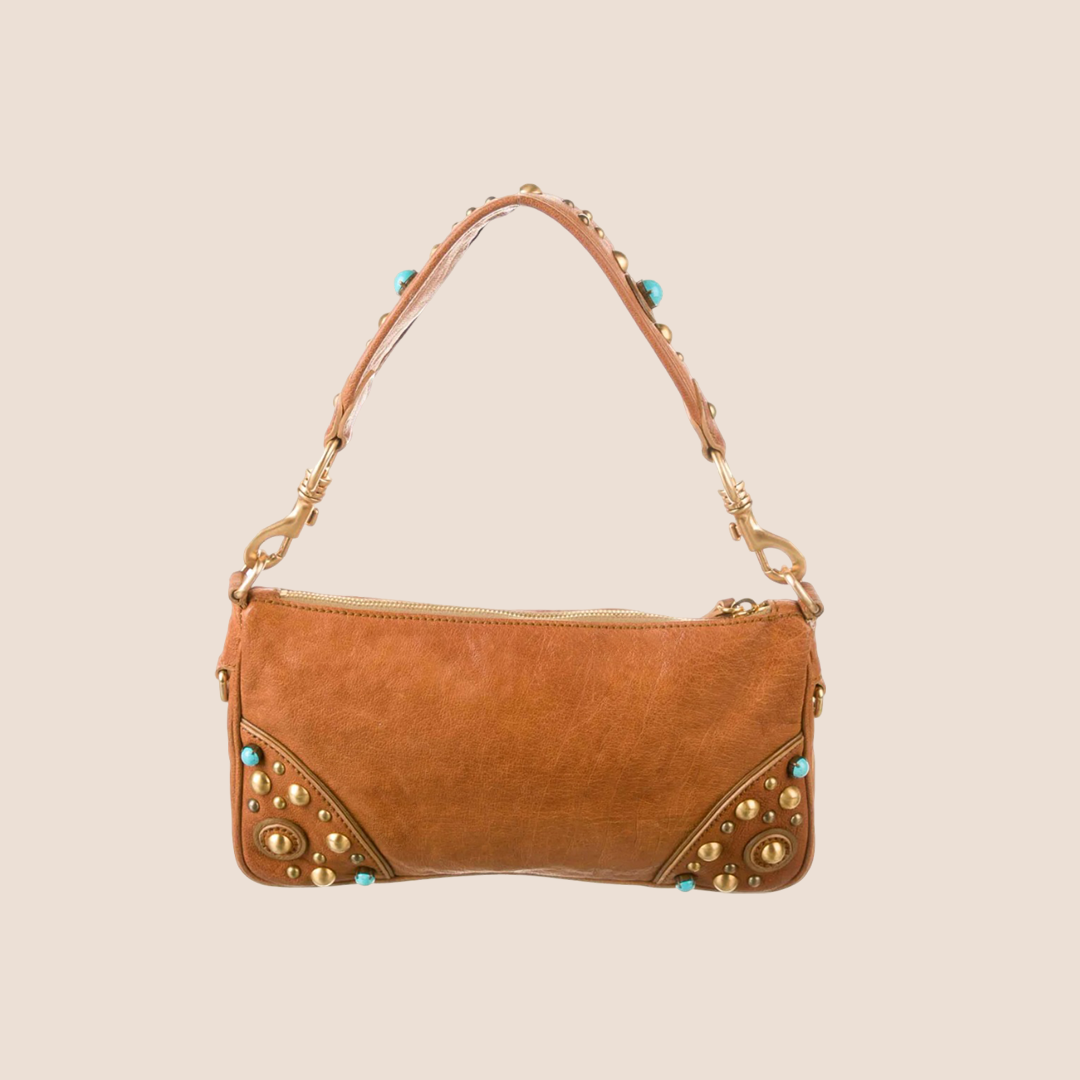 MIU MIU TAN LEATHER STUDDED SHOULDER BAG