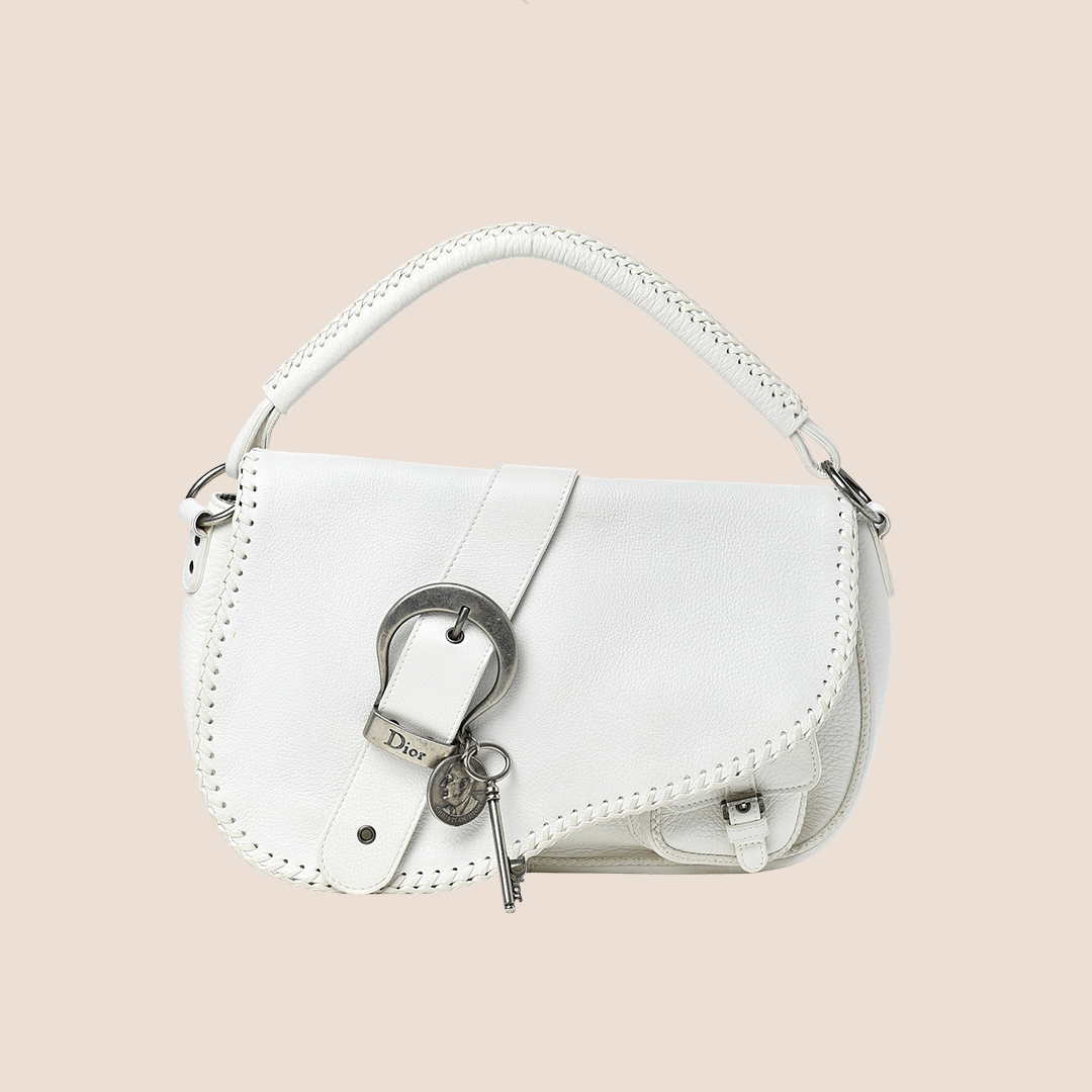 CHRISTIAN DIOR WHITE CALFSKIN BRAIDED GAUCHO DOUBLE SADDLE BAG – RDB