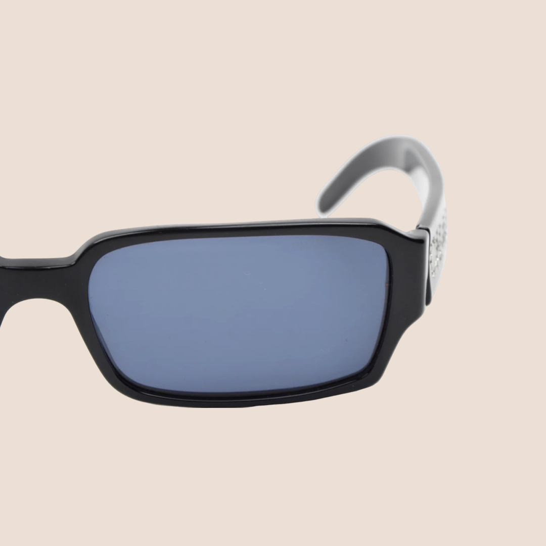 CHANEL 90s BLACK RHINESTONE LOGO RECTANGLE SUNGLASSES