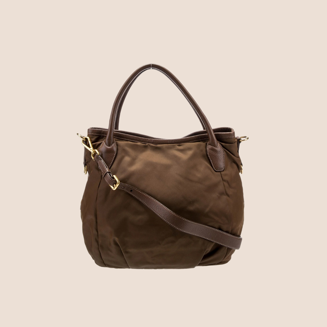 PRADA BROWN NAPPA TRIMMED TESSUTO TOTE BAG