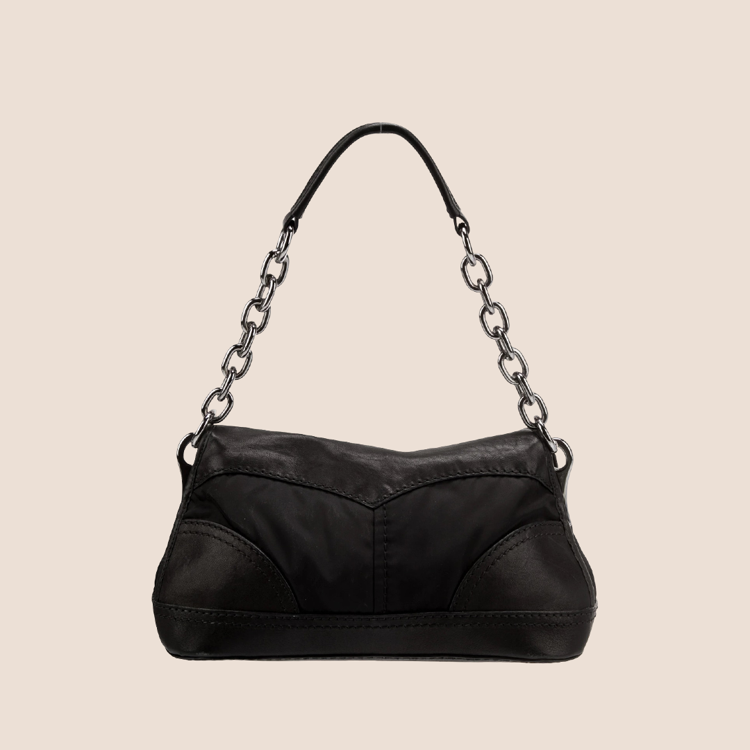 PRADA 2010 BLACK NAPPA-TRIMMED TESSUTO EASY BAG