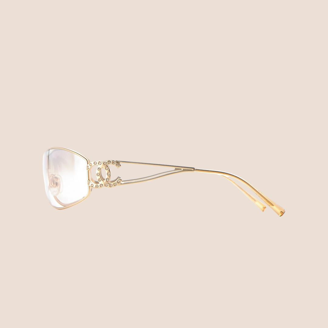 CHANEL 90s GOLD CRYSTAL CC LOGO CLEAR SUNGLASSES