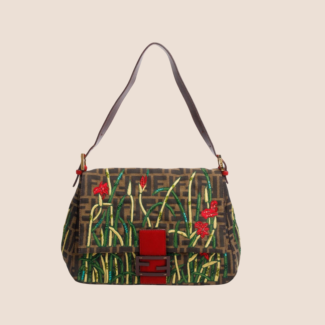 FENDI 2000 RED & BROWN PONYHAIR EMBROIDERED MAMMA BAGUETTE