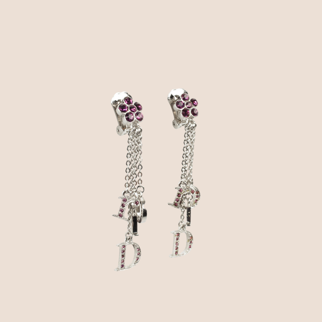 CHRISTIAN DIOR MINI FLOWER PURPLE RHINESTONE EARRINGS