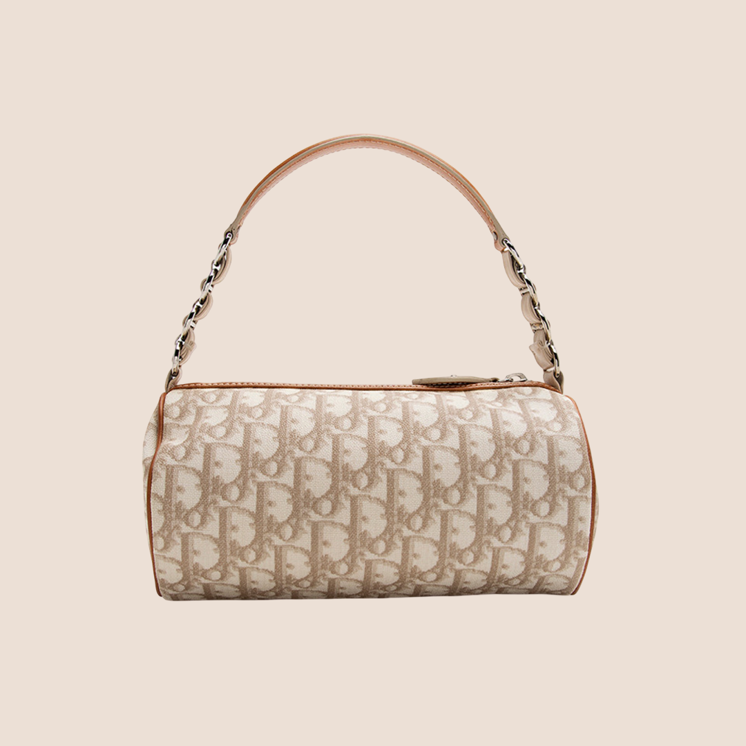 CHRISTIAN DIOR 2007 CREAM & TAN ROMANTIQUE MINI BARREL BAG